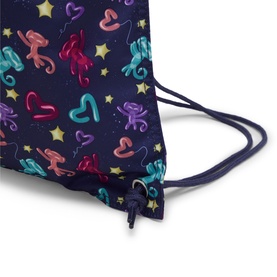 Kipling drawstring bag in Balloon Monkey print, navy blue with colourful monkey, heart and star pattern, with cord fastening.