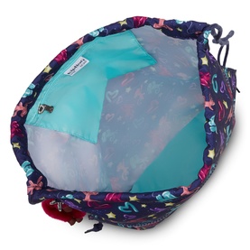 Kipling bag in Balloon Monkey print, top-down view showing teal mesh interior lining and drawstring closure with colourful pattern exterior.
