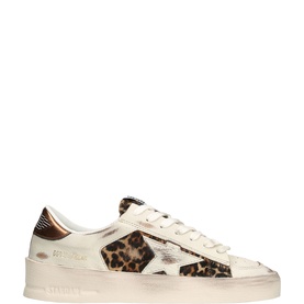 Golden Goose Stardan sneaker in white leather with leopard print pony hair panels, star motif, and bronze heel tab