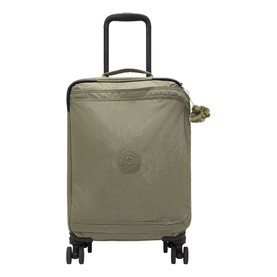 Kipling small olive green hard-shell spinner suitcase with telescopic handle, four wheels, and signature monkey keychain