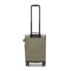 Kipling olive green soft-shell cabin suitcase, rear view with extended telescopic handle, black spinner wheels, and monkey keyring charm