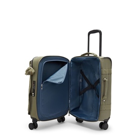 Kipling olive green soft-shell cabin suitcase, open to reveal blue interior with cross straps, four spinner wheels and top handle.