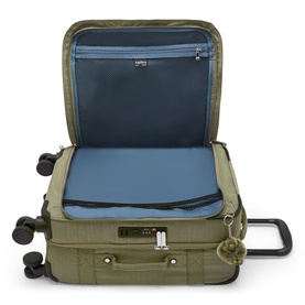 Kipling olive green cabin suitcase open showing blue interior lining, zip pockets, and TSA lock, on four wheels