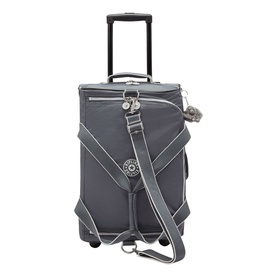 Kipling soft-shell cabin suitcase in dark grey with silver-tone zips, detachable shoulder strap, wheels, and signature monkey keychain