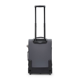 Grey soft-shell cabin suitcase with extended telescopic handle, black wheels, and structured frame, rear view