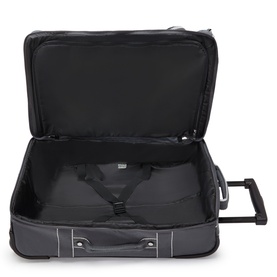 Dark grey wheeled holdall open to show interior with straps, telescopic handle, and wheels visible from above.