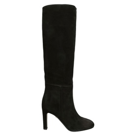 Black suede knee-high heeled boots with a block heel and pull-on style, set against a white background