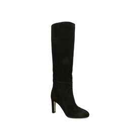 Black suede knee-high heeled boot with slender stiletto heel and smooth pull-on shaft, shown in single shoe profile shot