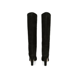 Black suede knee-high heeled boots, rear view, block heel, slim leg shaft, flat black rubber sole