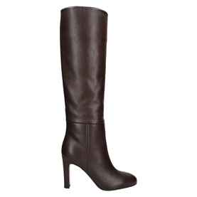 ALEVI brown leather knee-high heeled boot with stiletto heel and round toe, clean sole