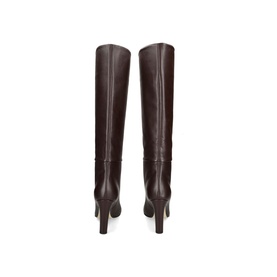 ALEVI brown leather knee-high stiletto heel boots, rear view showing smooth upper and block heel