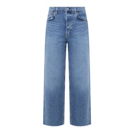 AgoldE Wide Leg jeans in Measure blue denim, high-rise waist, relaxed wide-leg fit with raw hem