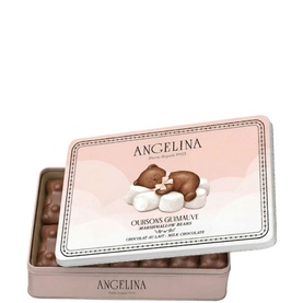 Angelina Oursons Guimauve Marshmallow Bears tin, pink metallic box filled with milk chocolate-covered marshmallow bear sweets