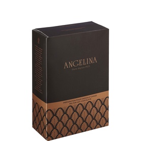 Angelina Paris hot chocolate preparation box in dark brown and copper packaging with decorative fan motif design