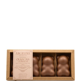 Angelina Oursons au Chocolat milk chocolate bear figures in open kraft gift box, set of three