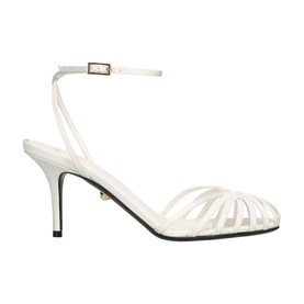 ALEVI white strappy sandal with ankle strap, open toe, stiletto heel and gold buckle detail