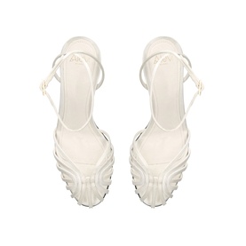ALEVI white strappy heeled sandals with caged toe design and ankle tie, overhead flat lay view