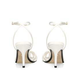 ALEVI white satin stiletto sandals, rear view showing ankle strap with buckle fastening and slender heel
