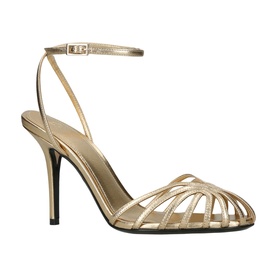 ALEVI gold metallic strappy cage sandal with ankle strap and stiletto heel, black outsole