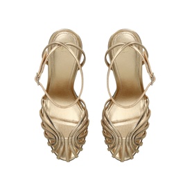 ALEVI gold metallic leather heeled sandals with sculptural wave detailing and crossover ankle strap, overhead view
