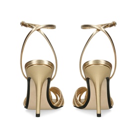 ALEVI gold leather stiletto sandals with knotted toe strap, crossover ankle strap, and slim high heel, rear view