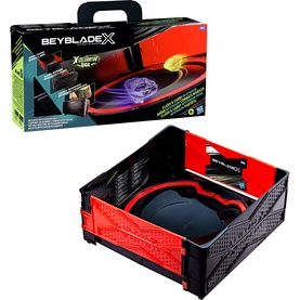 Beyblades BeybladeX foldable battle arena set in black and red, shown with packaging box featuring spinning top design