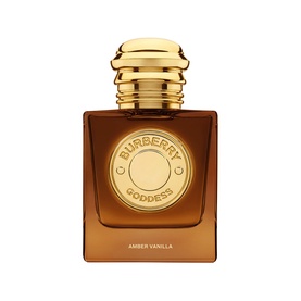 Burberry Goddess Amber Vanilla EDP in amber glass bottle with gold cap and circular brand emblem