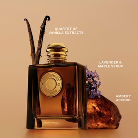 Burberry EDP fragrance bottle in amber glass with gold cap, styled with vanilla pods, lavender and amber crystal, noting vanilla, lavender and ambery