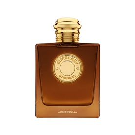 Burberry Goddess Amber Vanilla EDP 100ml in amber glass bottle with gold cap and circular gold logo detail