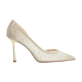 Ivory mesh pointed-toe court shoe with allover crystal embellishment and slender gold stiletto heel