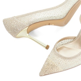 Nude mesh pointed-toe stiletto heels embellished with crystal rhinestones and gold metallic heel detail