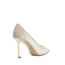Ivory mesh court shoe with scattered crystal embellishments, slim gold stiletto heel, and tan leather insole visible from rear angle