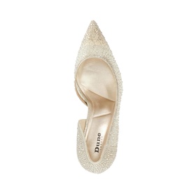 Dune pointed-toe court shoe in gold glitter fabric with cut-out d'Orsay side detail and stiletto heel, overhead view.