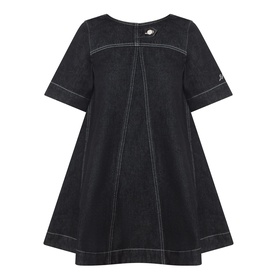 Damson Madder black denim A-line dress with short sleeves, contrast white topstitching and button detail at neckline.