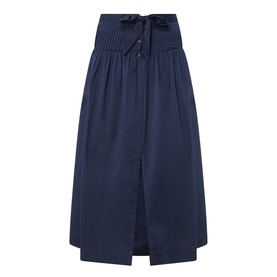 Damson Madder navy cotton midi skirt with smocked waistband, tie detail, front split, and relaxed A-line silhouette