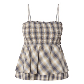Damson Madder camisole top in Cardamon Check, smocked bodice, tiered peplum hem, adjustable straps, 100% cotton