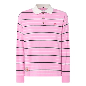 Damson Madder pink stripe long-sleeve rugby polo top in 100% cotton with cream collar and navy stripes, small logo embroidery at chest.