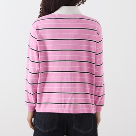 Model wearing Damson Madder pink stripe cotton top, shown from behind, with white collar detail and navy stripes, styled with dark jeans.
