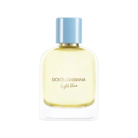 Dolce & Gabbana Light Blue eau de toilette, clear rectangular bottle with light blue cap and gold lettering