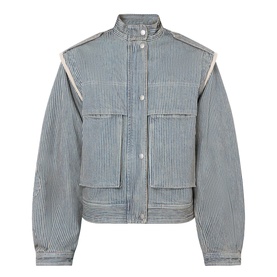 Isabel Marant Etoile striped cotton jacket in multi, featuring band collar, snap button fastening, large patch pockets and puff sleeves