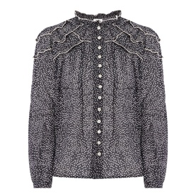 Isabel Marant Etoile black and ecru cotton blouse with ruffle yoke, button front, and high neck, long sleeves