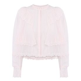 Isabel Marant Etoile light pink cotton blouse with layered scallop-edged tiers, ruffle collar, and cuffed long sleeves