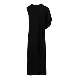 Jigsaw black sleeveless midi dress with asymmetric one-shoulder draped detail and straight silhouette