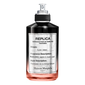 Maison Martin Margiela Replica Lost Eden Eau de Parfum, clear glass spray bottle with black cap and pink-tinted base