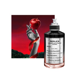 Maison Martin Margiela Replica Lost Eden Eau de Parfum bottle with red apple and snake on deep red atmospheric background.