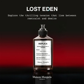 Maison Martin Margiela Replica Lost Eden Eau de Parfum in dark amber glass bottle with black pump cap and label.