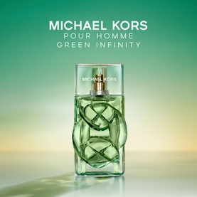 Michael Kors Pour Homme Green Infinity EDP in sculpted green glass bottle with interlocking design, against a soft green gradient background.