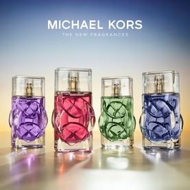 Michael Kors new fragrance EDP collection, four bottles in purple, pink, green and blue with quilted detail, displayed together