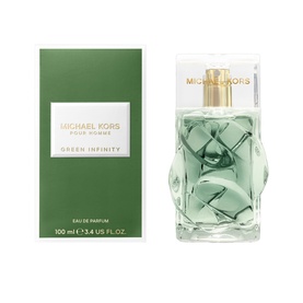 Michael Kors Green Infinity Pour Homme Eau de Parfum 100ml, green geometric bottle with gold cap beside matching box