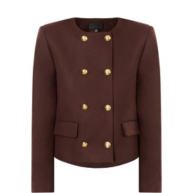 Nili Lotan jacket in mahogany wool-mohair blend, double-breasted with gold buttons, collarless design and flap pockets